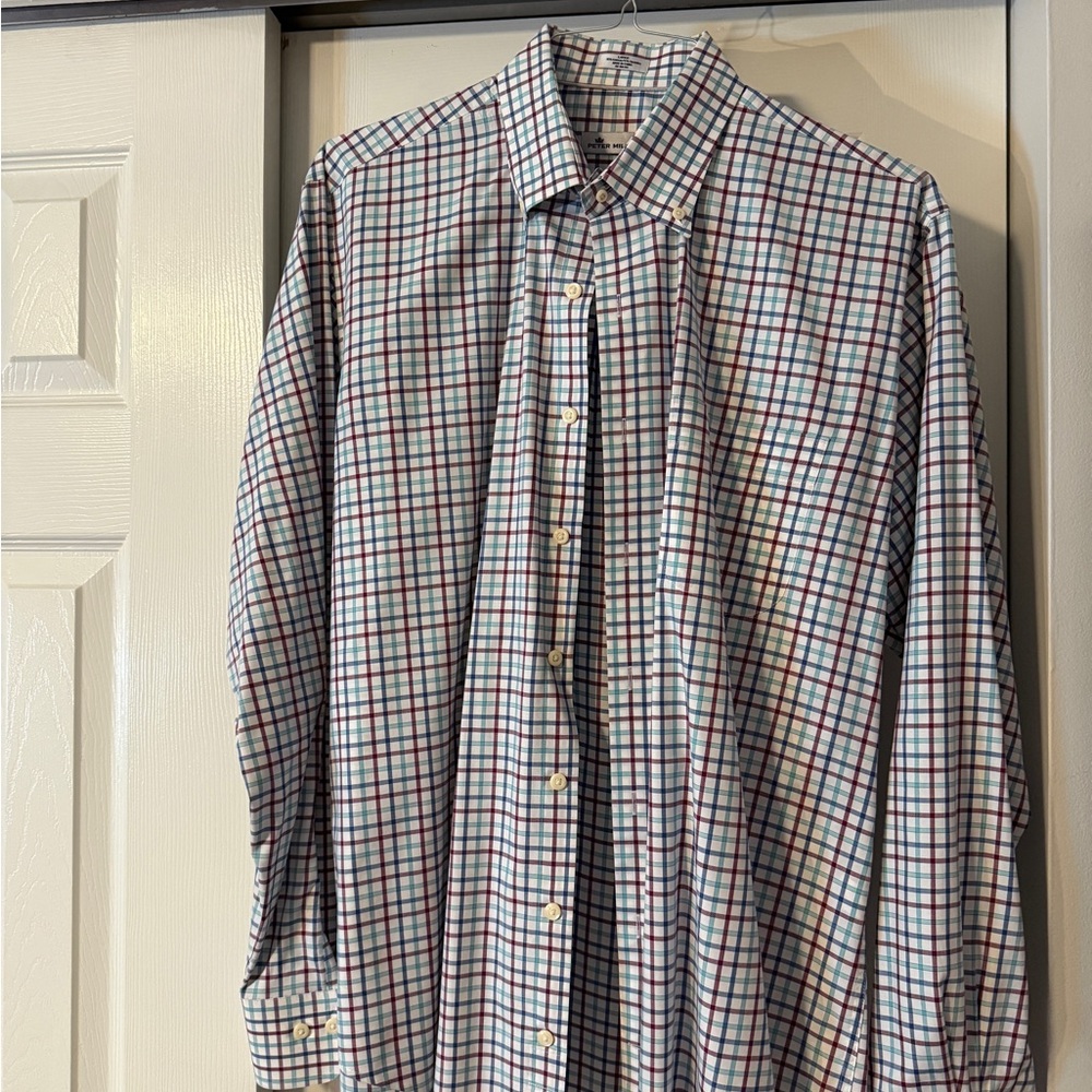 Peter Millar Men's Plaid Shirt - Light Blue, Dark Red, and White